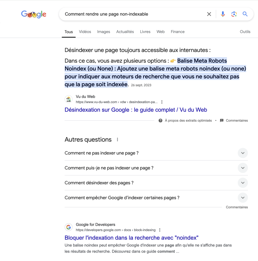 capture Google d'une position zero sur la requête "comment rendre une page non indexable" proposant un article Vu Du Web comme résultat